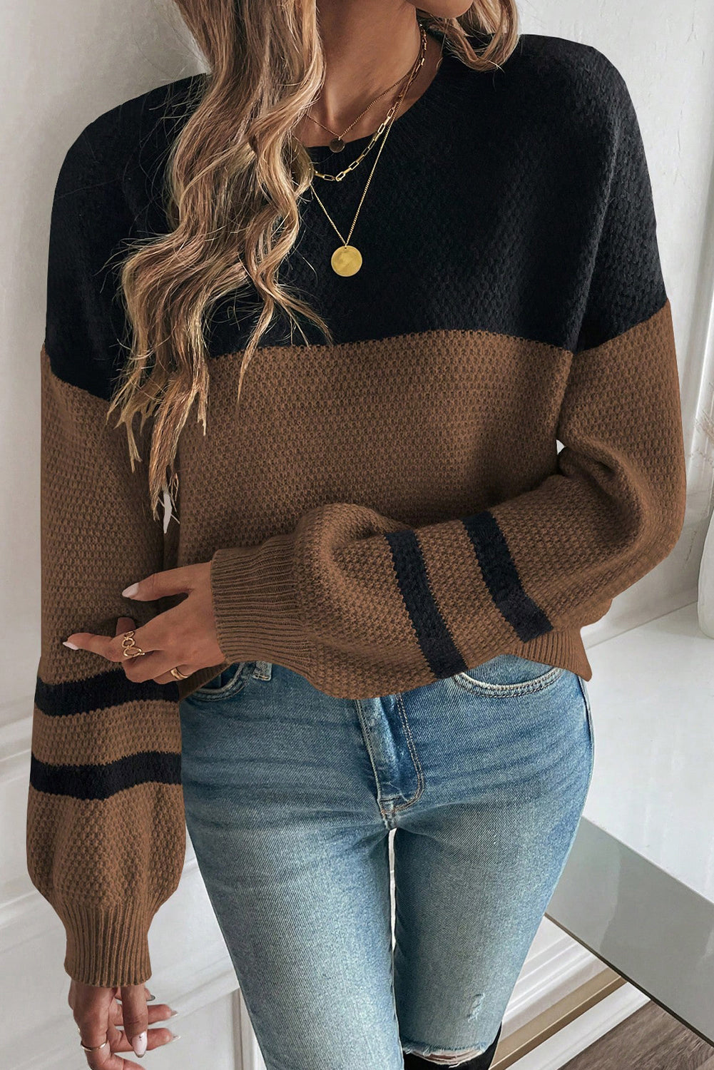 Dark Brown Colorblock Striped Sleeve Detail Knit Sweater 517a64e02c95e831