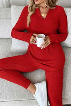 Racing Red Ribbed Notched Neck Knit Long Sleeve Leggings Two Pieces Lounge Set Racing Red 95%Polyester+5%Elastane 517af07437d8f761