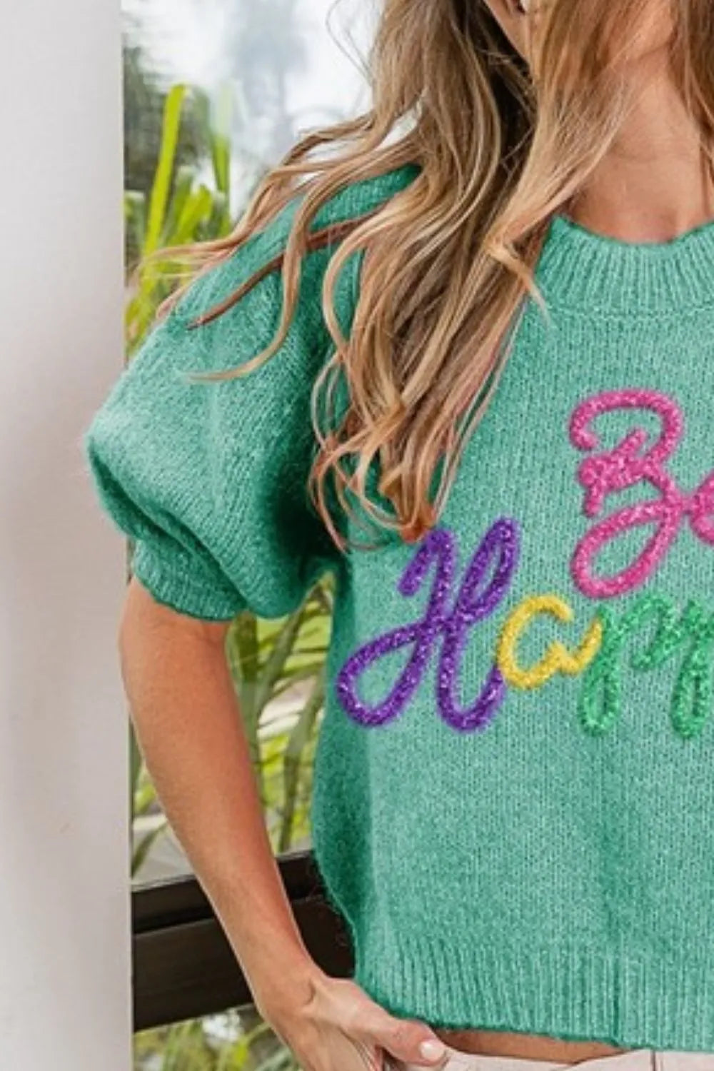 BiBi Metallic Letter Short Puff Sleeve Hairy Sweater 517c3454-636b-4e92-9f03-49879fa45638-Max-Origin