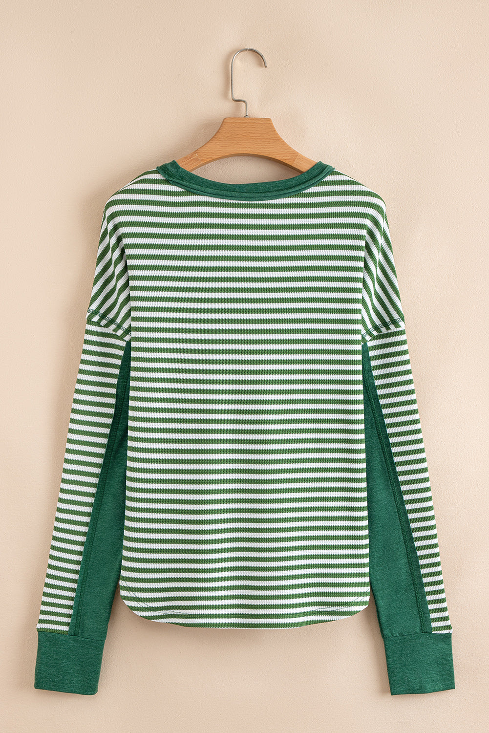 Green Stripe Exposed Seam Patchwork Plus Size Thermal Waffle Top 51811f3cdd798254