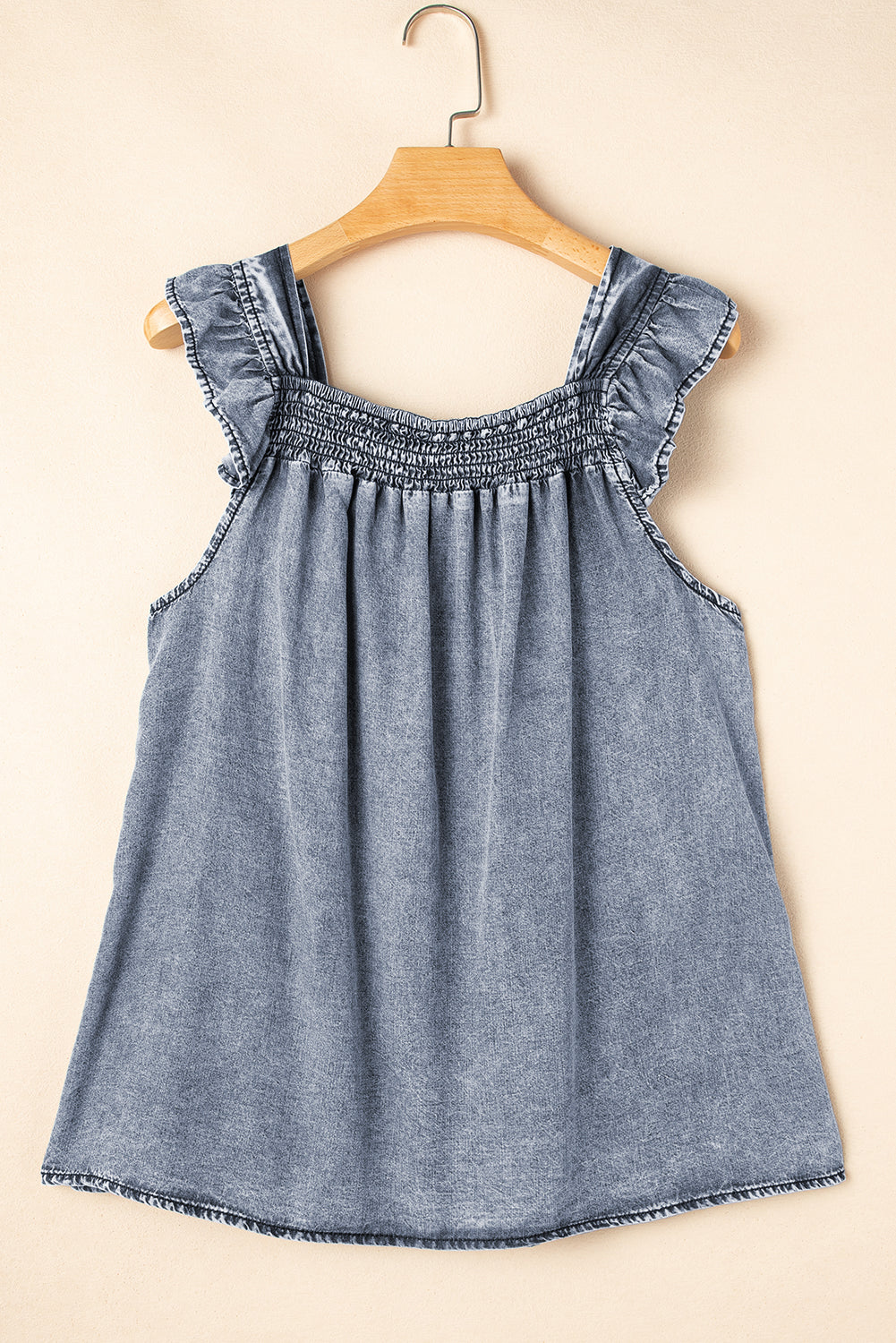 Ashleigh Blue Smocked Neck Frill Denim Sleeveless Top