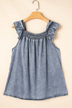 Ashleigh Blue Smocked Neck Frill Denim Sleeveless Top