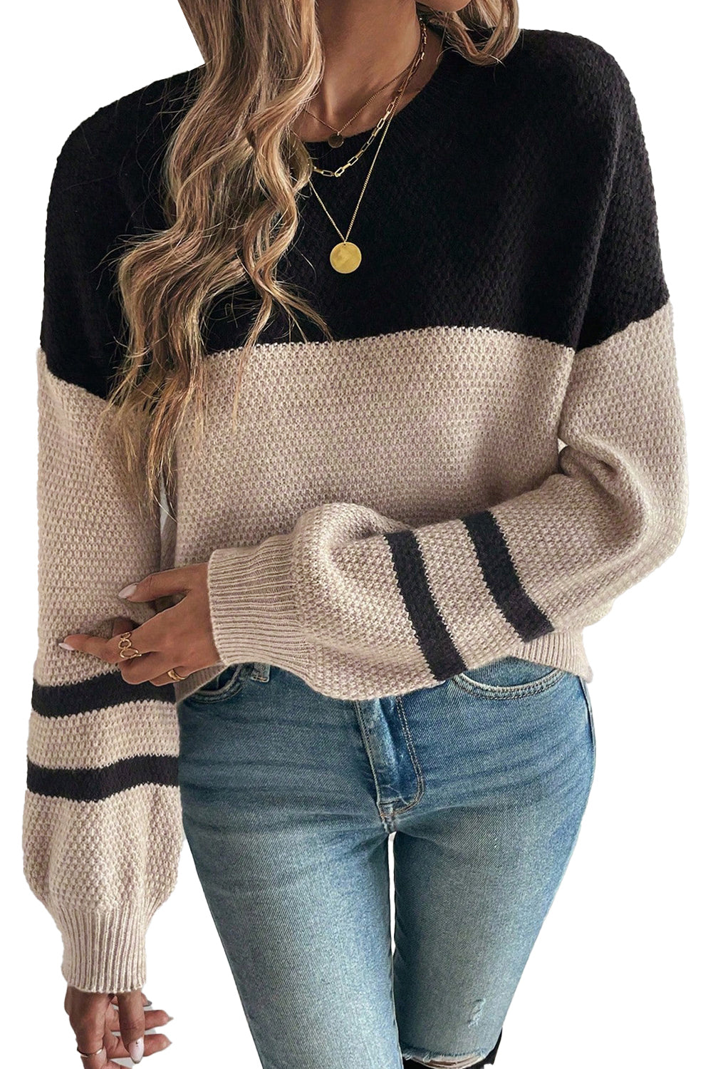 Dark Brown Colorblock Striped Sleeve Detail Knit Sweater 518514aa6bcb3919
