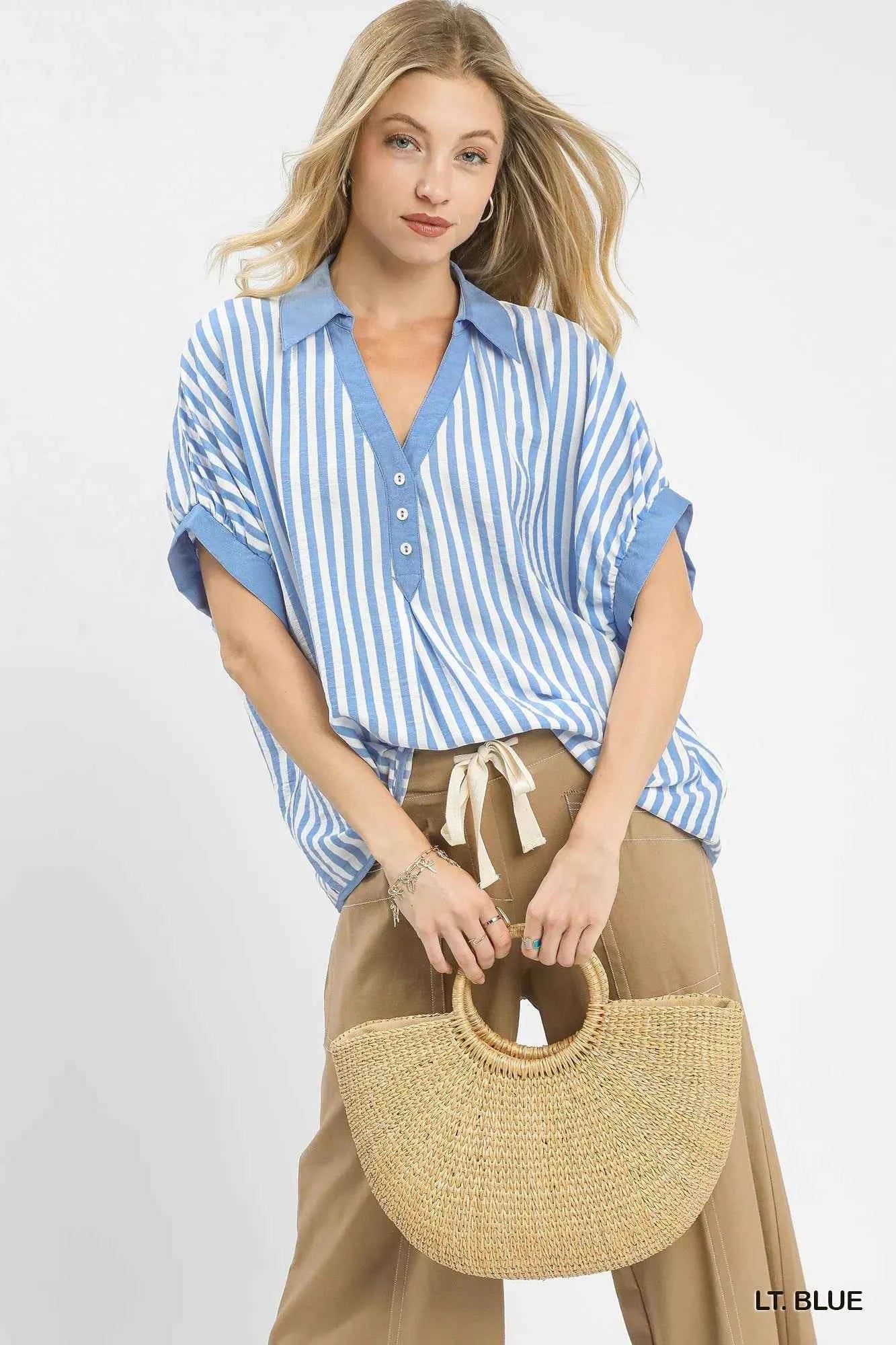 Umgee Stripe Collared Oversized Top 5186c18b-eb88-4c41-afb5-e0b45237116c-Max-Origin