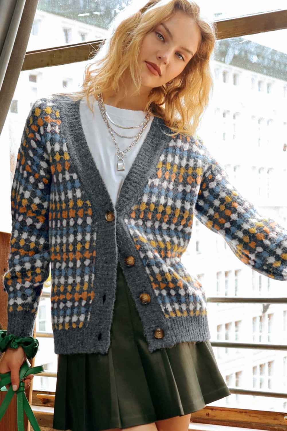 Gray Dotty Pattern Knit Button Front V Neck Sweater Cardigan 5187f7d517994669