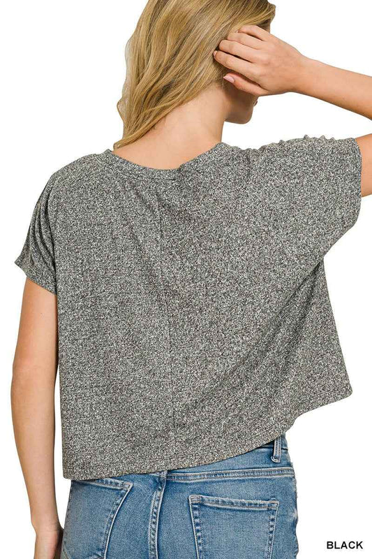 Soft Melange V-neck Drop Shoulder Cropped Top 5189f95e838e41b3b9effc4e5d252dd0-Max
