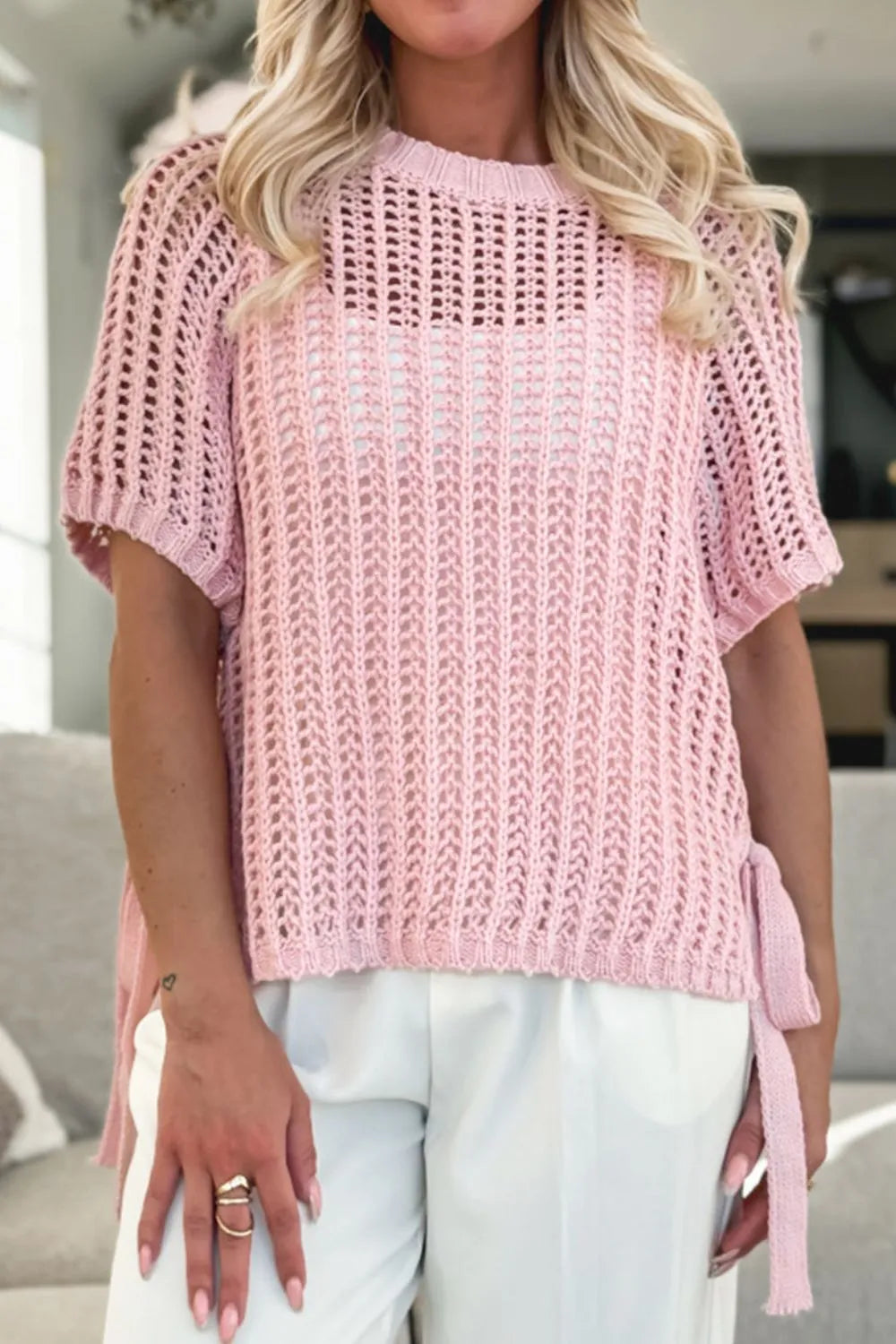 Hollow-out Crochet Side Tied Short Sleeve Knit Cover Up 518d94df-1830-4222-932a-6498288eee11-Max-Origin