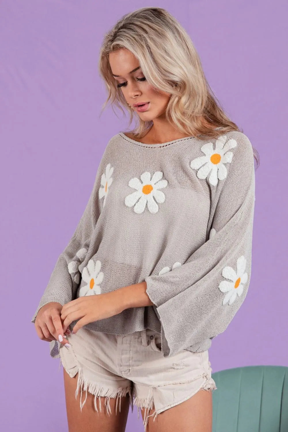 BiBi Flower Embroidery Loose Fit Knit Top GREY 51932fa8-341d-44a9-85d7-a129467d36ad-Max-Origin