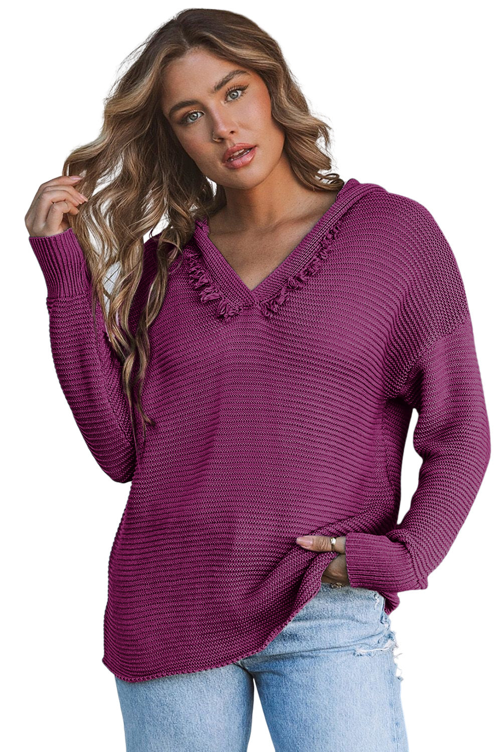 Purple Split V Neck Pullover Hooded Sweater Purple 55%Acrylic+45%Cotton 51982ce8d6608cb3