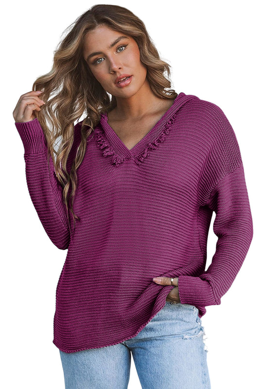 Purple Split V Neck Pullover Hooded Sweater Purple 55%Acrylic+45%Cotton 51982ce8d6608cb3