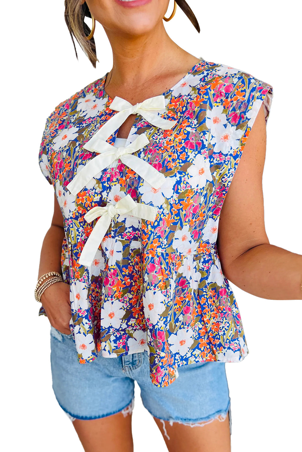 Rose Floral Bow Front Sleeveless Peplum Shirt 519ce765a9fb12dd