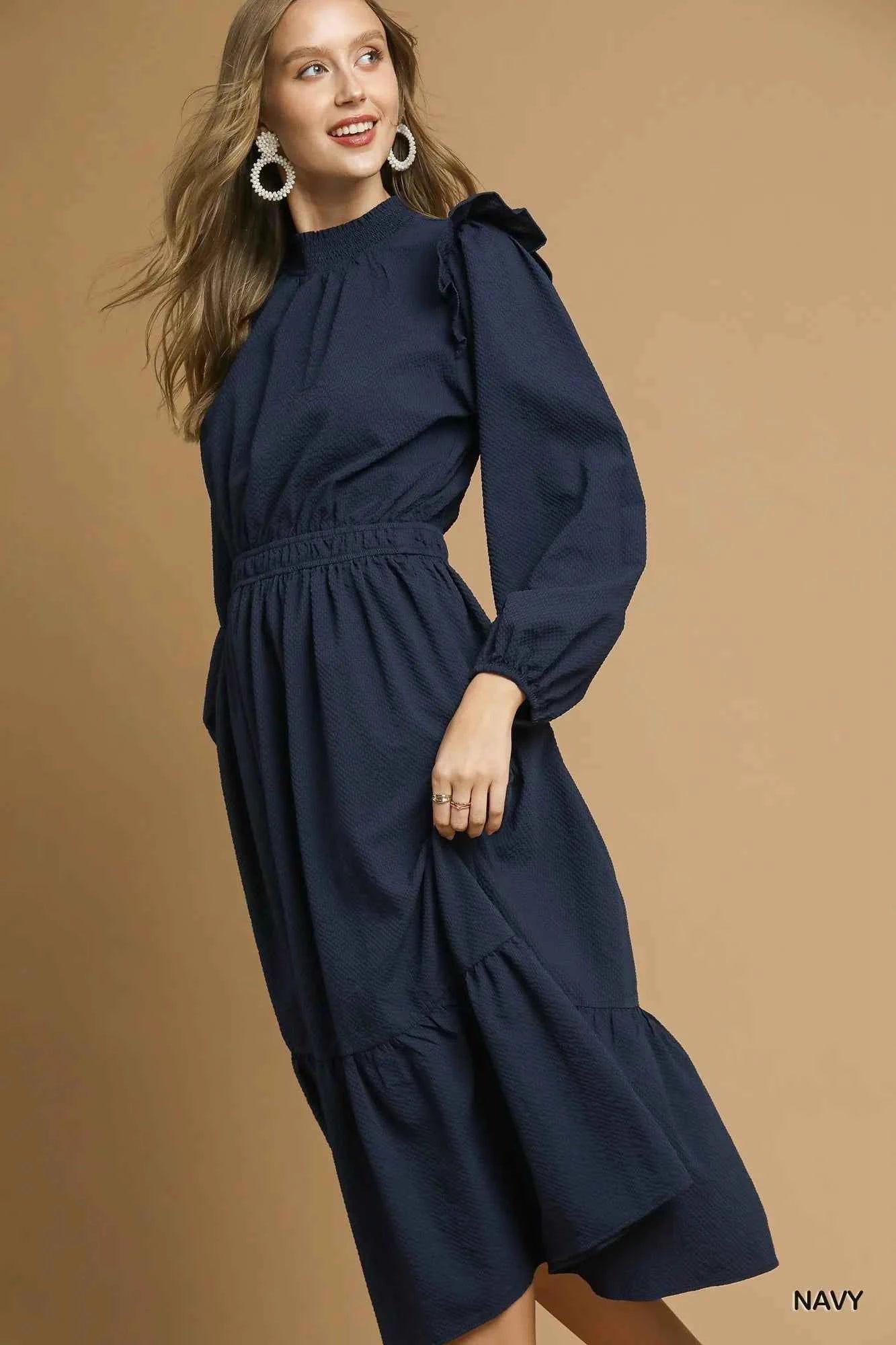 Umgee Textured Midi Dress with Ruffle Shoulder Detail 519cfe66-c30e-48b6-8e43-516ba4743f46-Max-Origin