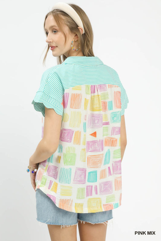 Mixed Media Print Button Front Collared Top 51a431fe-8290-4fb8-9747-be462da4d617-Max