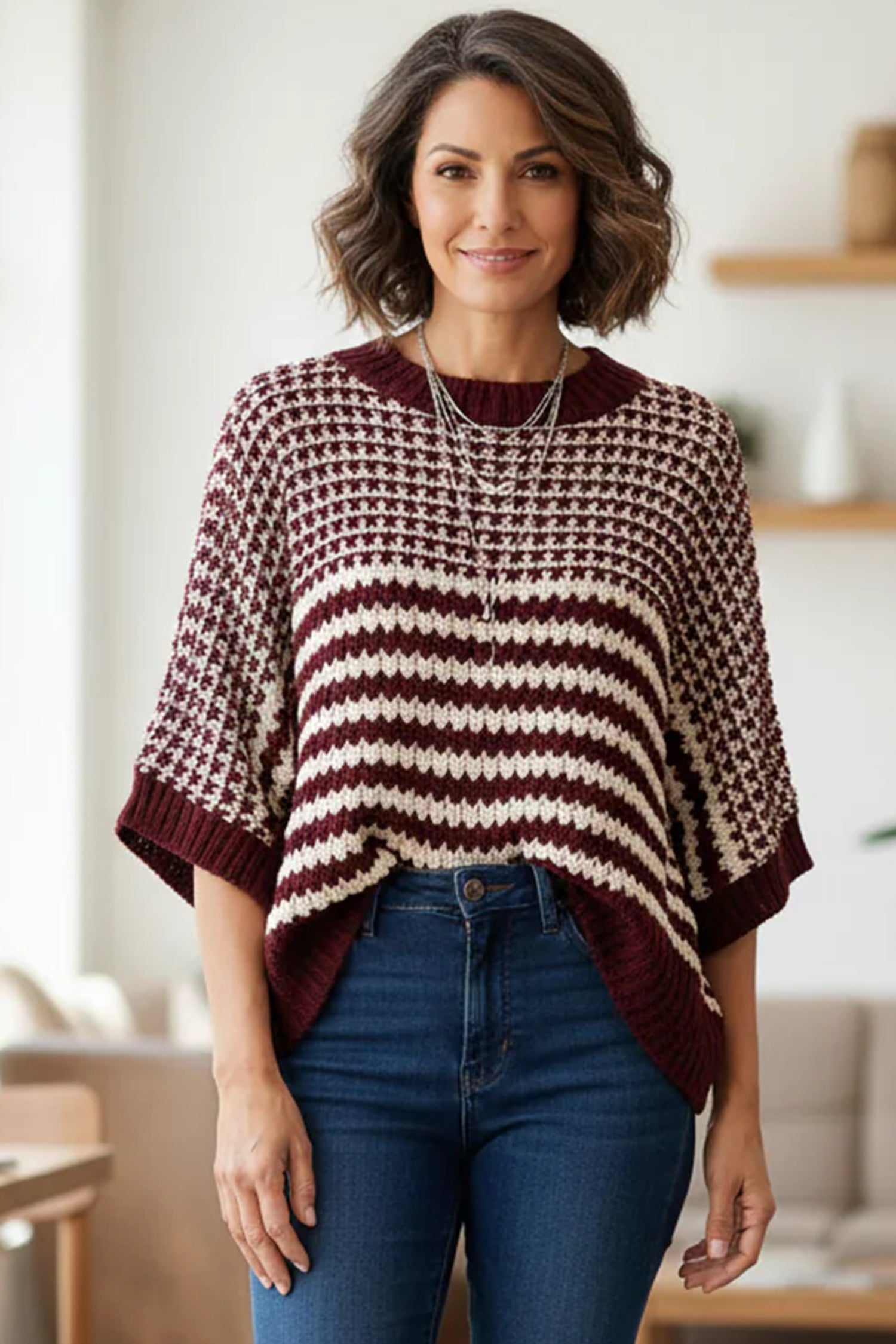 Green Stripe 3/4 Draped Sleeve Slouchy Sweater 51a825f852839960