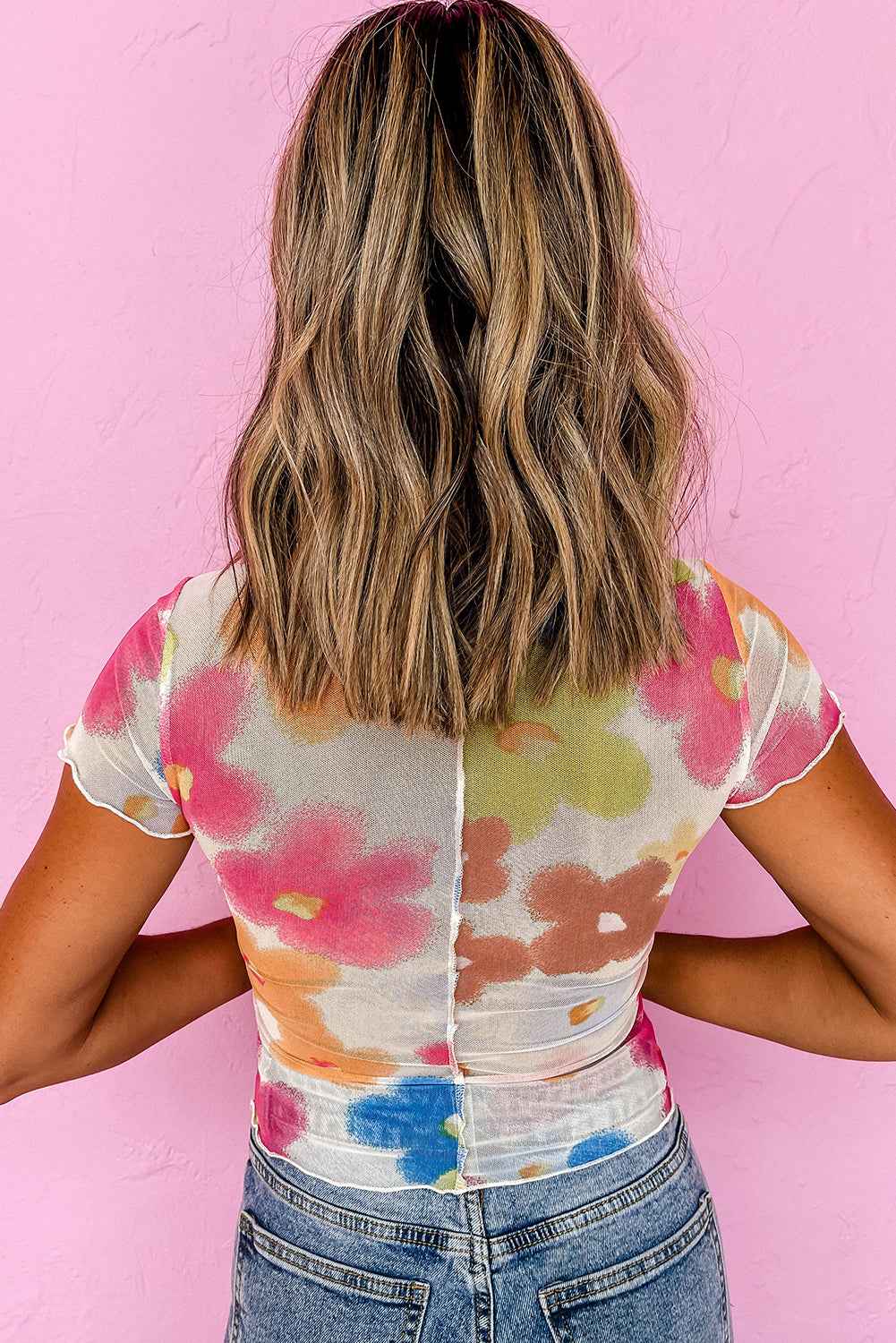 Multicolour Floral Lettuce Trim Cropped Mesh Top 51ac92c77d1219c8