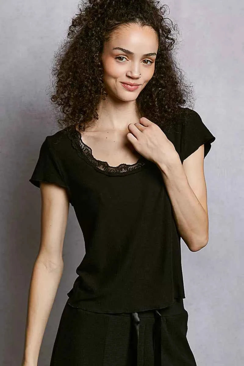 POL Round Neck Short Sleeve Crop T-Shirt with Lace Trim 51ad35b5-0d8f-4875-9a4c-16976bbf5bb7-Max-Origin