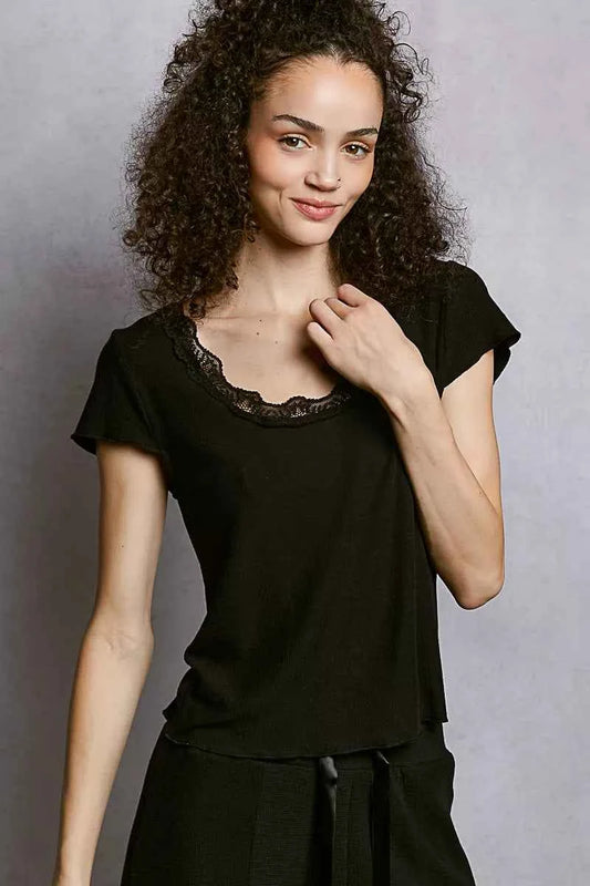 POL Round Neck Short Sleeve Crop T-Shirt with Lace Trim 51ad35b5-0d8f-4875-9a4c-16976bbf5bb7-Max-Origin