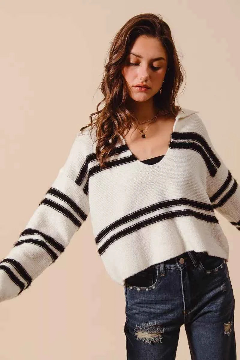 Fuzzy Hairy Stripe Deep U Neck Sweater 51aff49f-2fbe-49d3-b2bb-e8722213ab90-Max-Origin