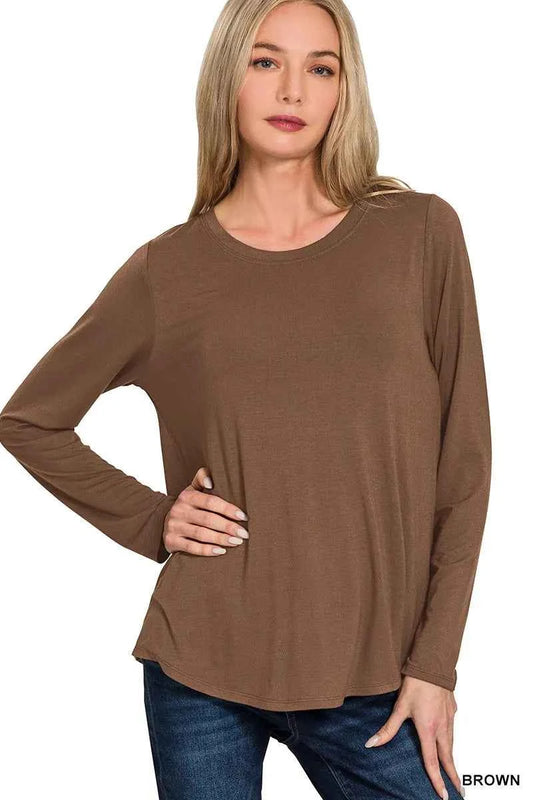 Zenana Flowy Round Hem Rayon Long Sleeve Top BROWN 51b9aeb68b244fcd9a6dc6c325e9ef67-Max-Origin