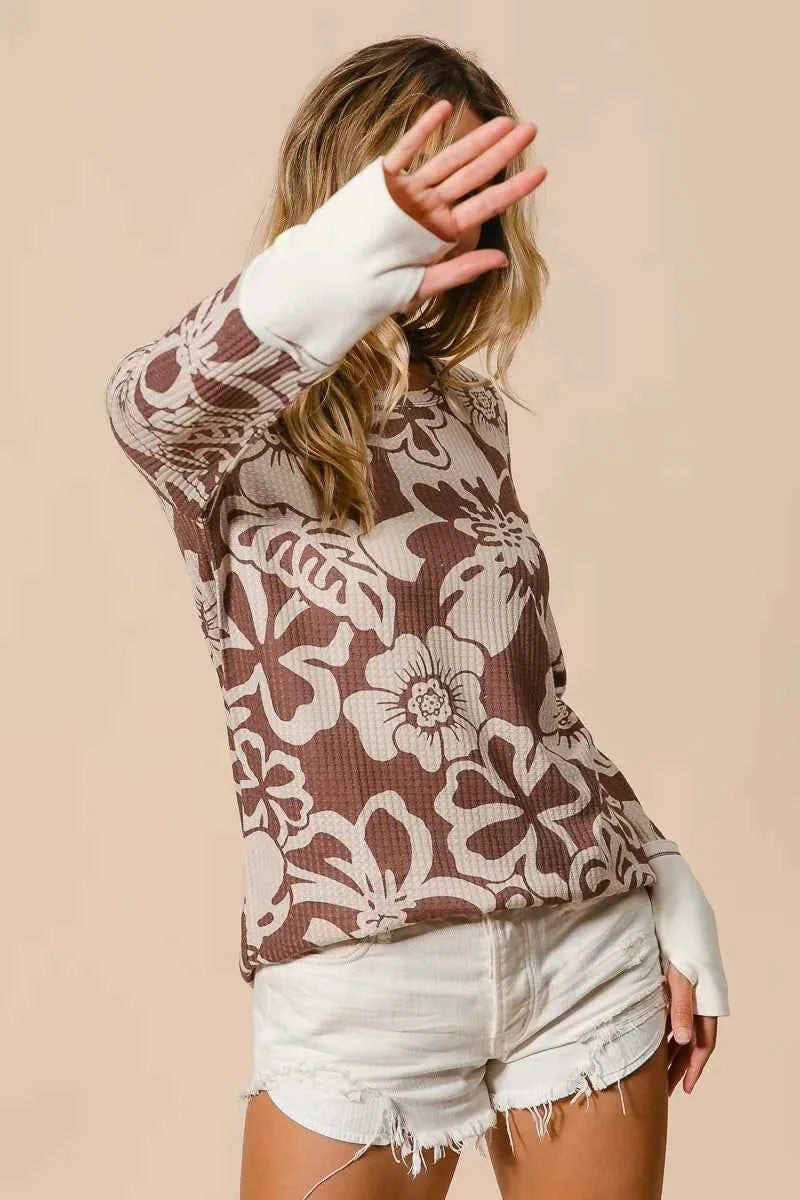BiBi Flower Printed Waffle Thumb Opening Top 51bae116f18d40d3b10cd84243c1abd2-Max-Origin
