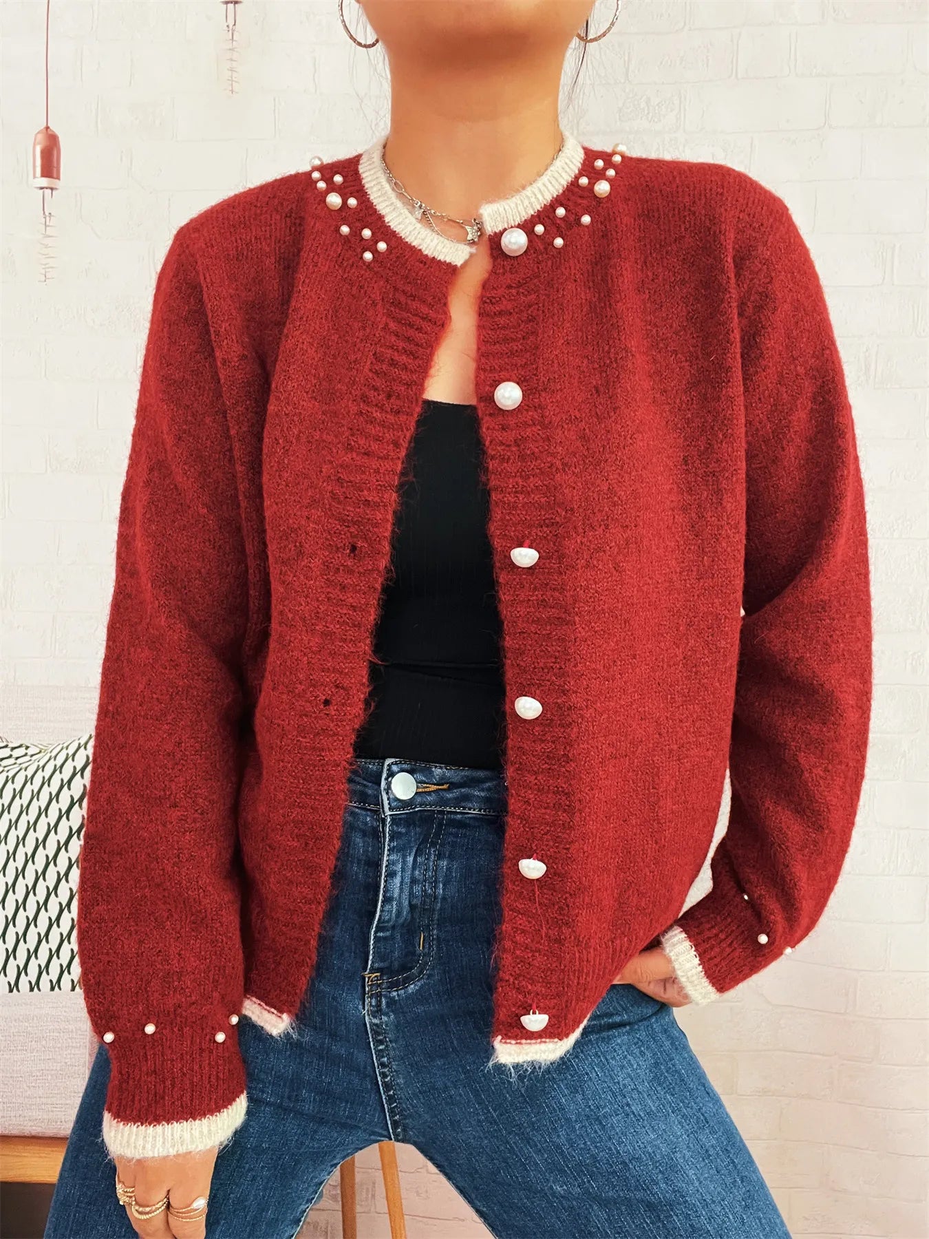 Pearl Embellished Button-Front Cardigan 51c33dc2a86e4a4a827813e40e5cadaf-Max-Origin