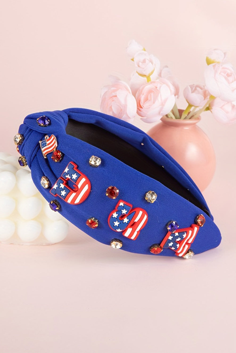 White USA Flag Gemstone Decor Knotted Wide Headband 51cb55826cc6d59a