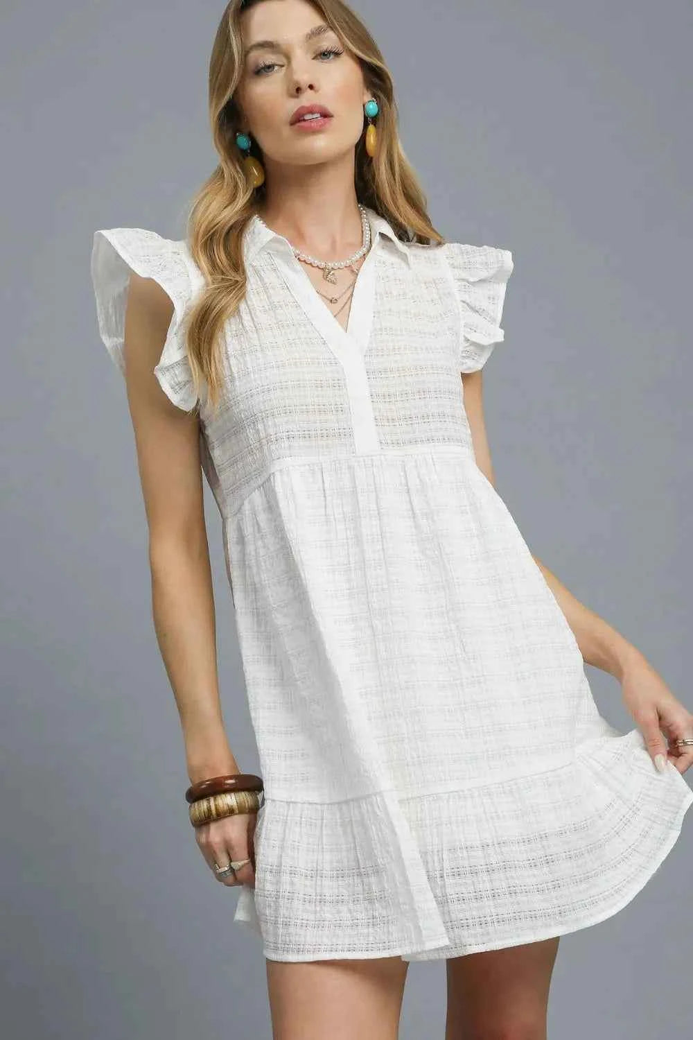 Umgee Ruffle Cap Sleeve Textured Mini Dress White 51cc7fe8-bd2d-4f30-a6ec-92d30bbef329-Max-Origin