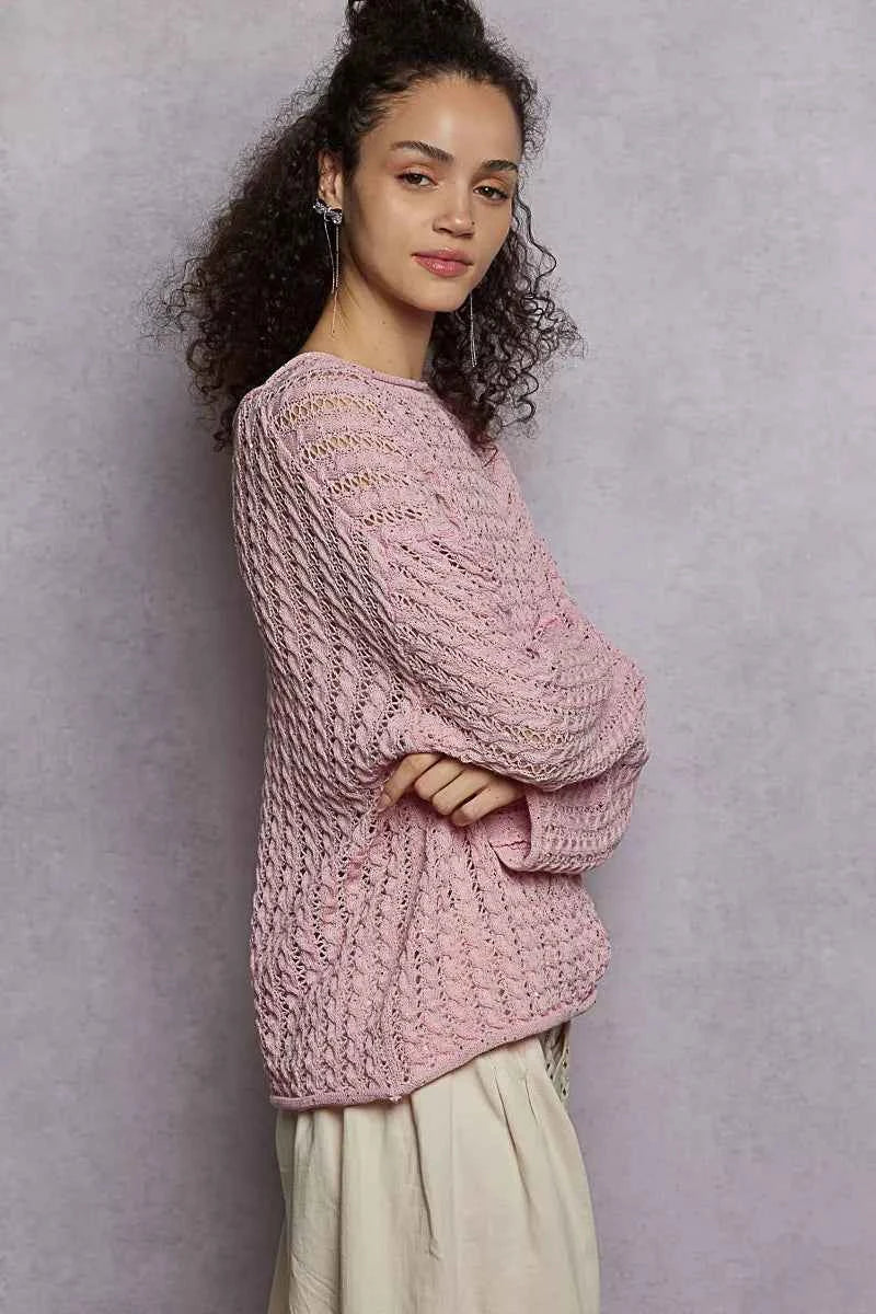 POL Openwork Round Neck Knit Top with Shiny Detail 51d38c91-e4e6-4e60-9d98-0e400ae695ff-Max-Origin