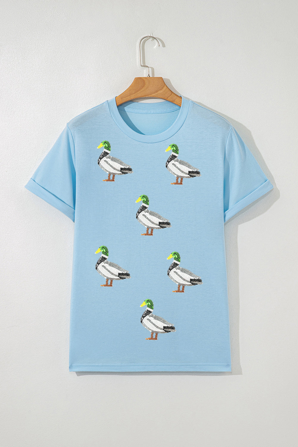 Light Blue Mallard Duck Graphic Sequins Patch Casual Tee 51d813f175dae92d