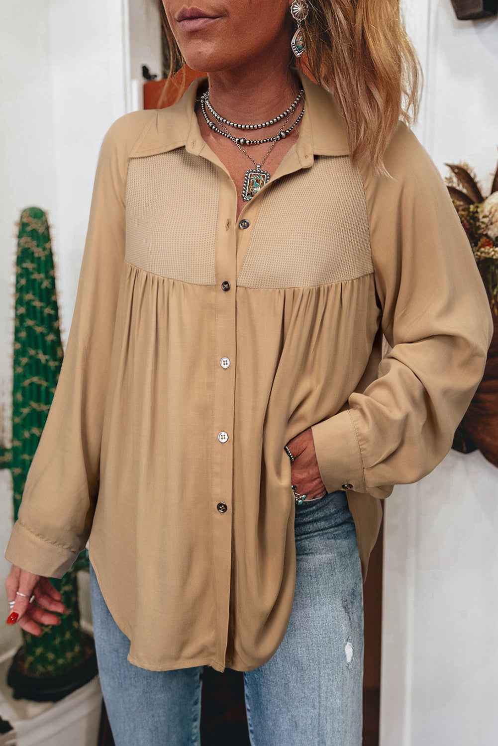 Light French Beige Waffle Patchwork Button Up Frayed Hem Shirt Light French Beige 100%Viscose 51d825020667d091