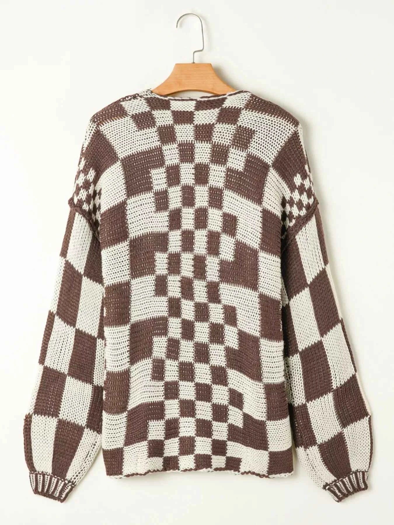 Checkerboard Pattern Sweater Cardigan 51d9c13c-f3da-4963-9a58-1851c8a541fc-Max-Origin