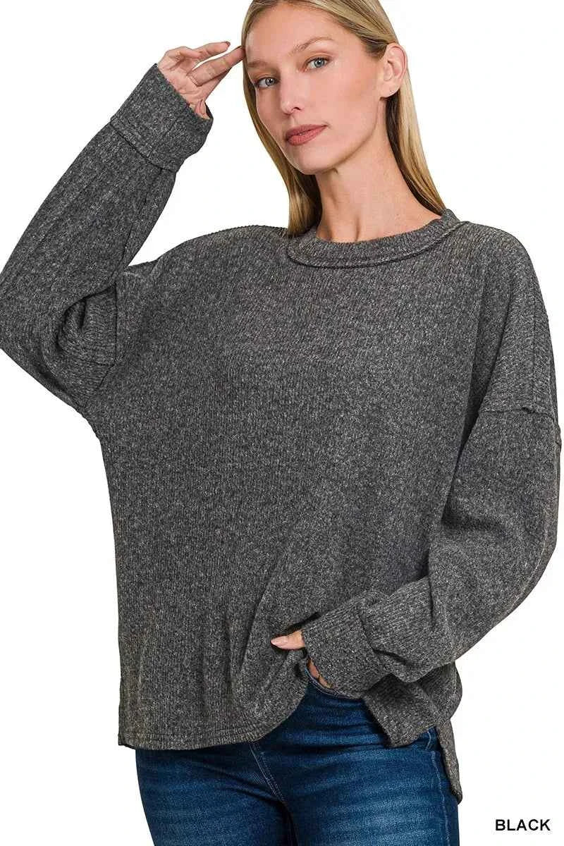 Zenana Full Size Brushed Ribbed Hacci Drop Shoulder Sweater Plus Size BLACK 51df229ba6e344d4ba69211221c53e21-Max-Origin