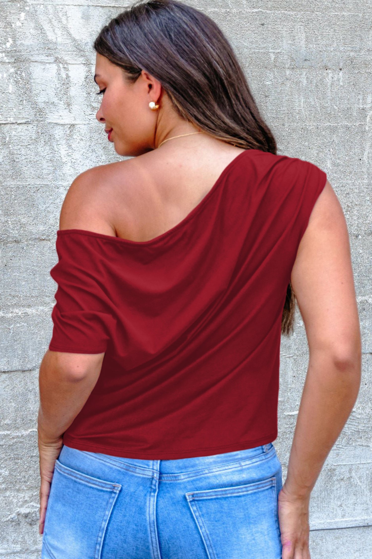 Blue Sapphire Plus Size Solid Color Asymmetric Neck Short Sleeve Blouse 51df8a210512f0cb