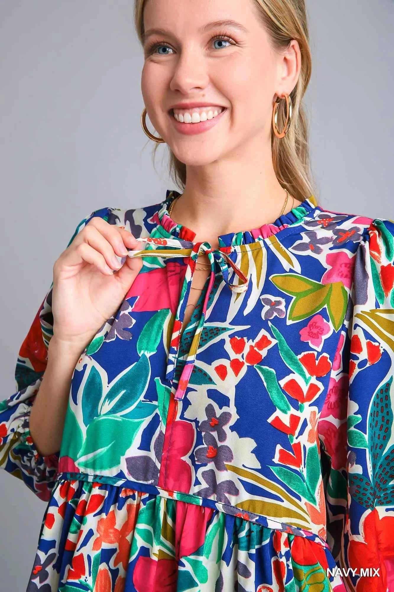 Umgee Floral Print Tie Neck Midi Dress with Pockets