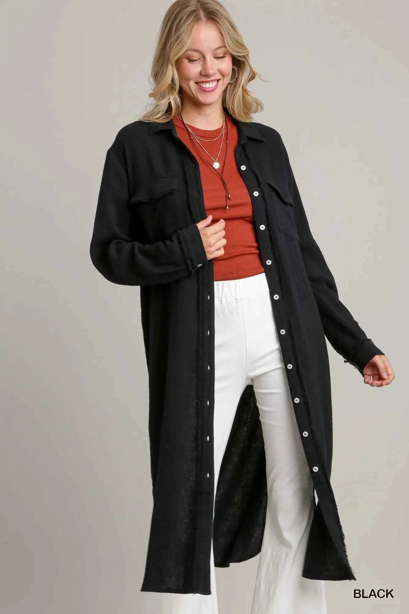 Umgee Cotton Gauze Button Down Shirt Dress Black 51e12be9-f12a-400c-b842-df313f092d13-Max-Origin