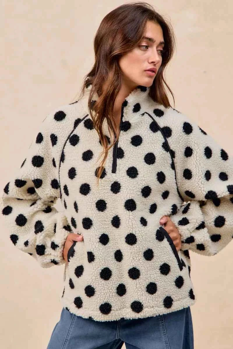 Polka Dot Sherpa Half Zip Up Top with Side Pocket 51e36552-8854-4254-aec2-946c7c3c37c6-Max-Origin