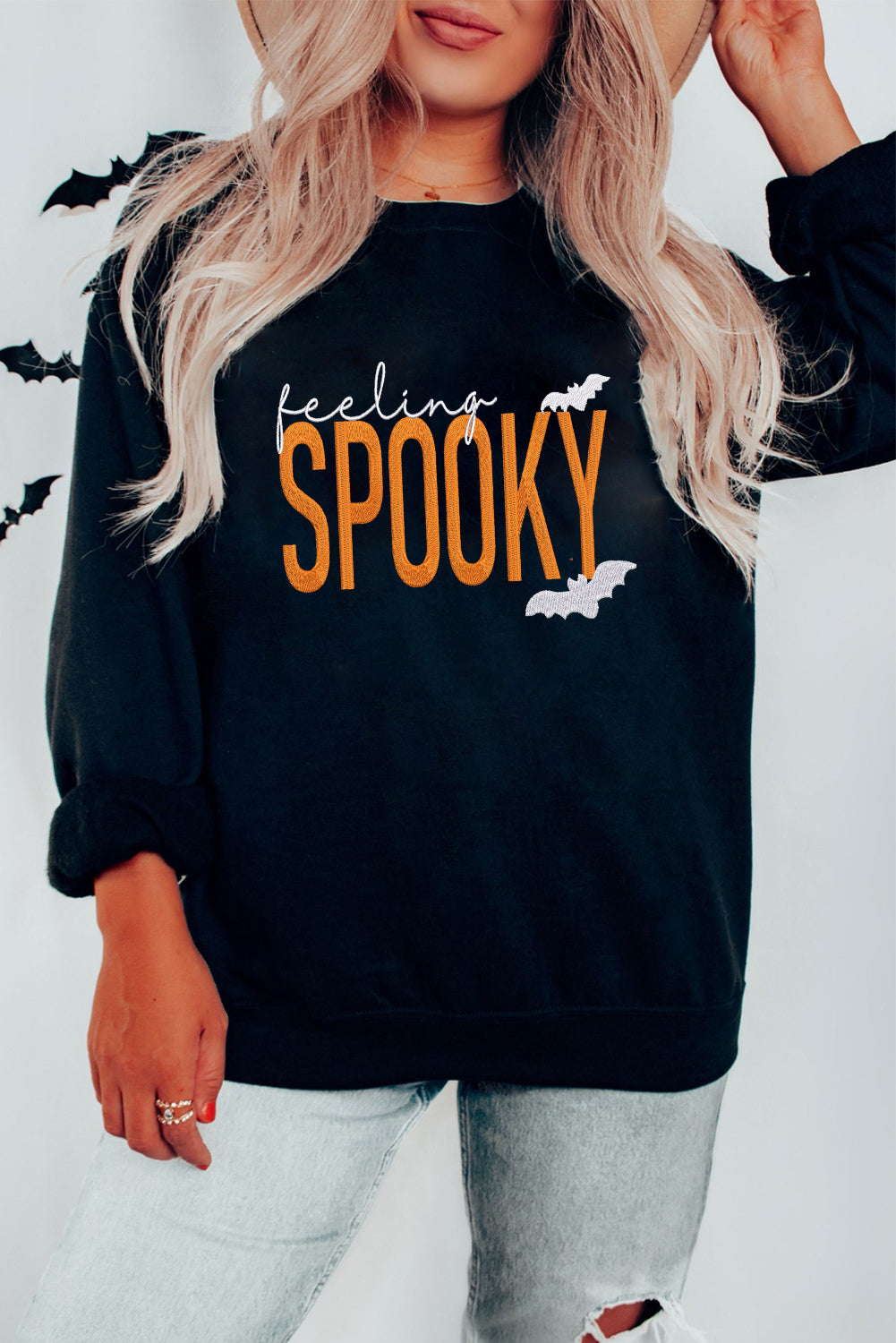 Black Feeling Spooky Halloween Embroidered Graphic Baggy Sweatshirt 51e93409fd6fefda
