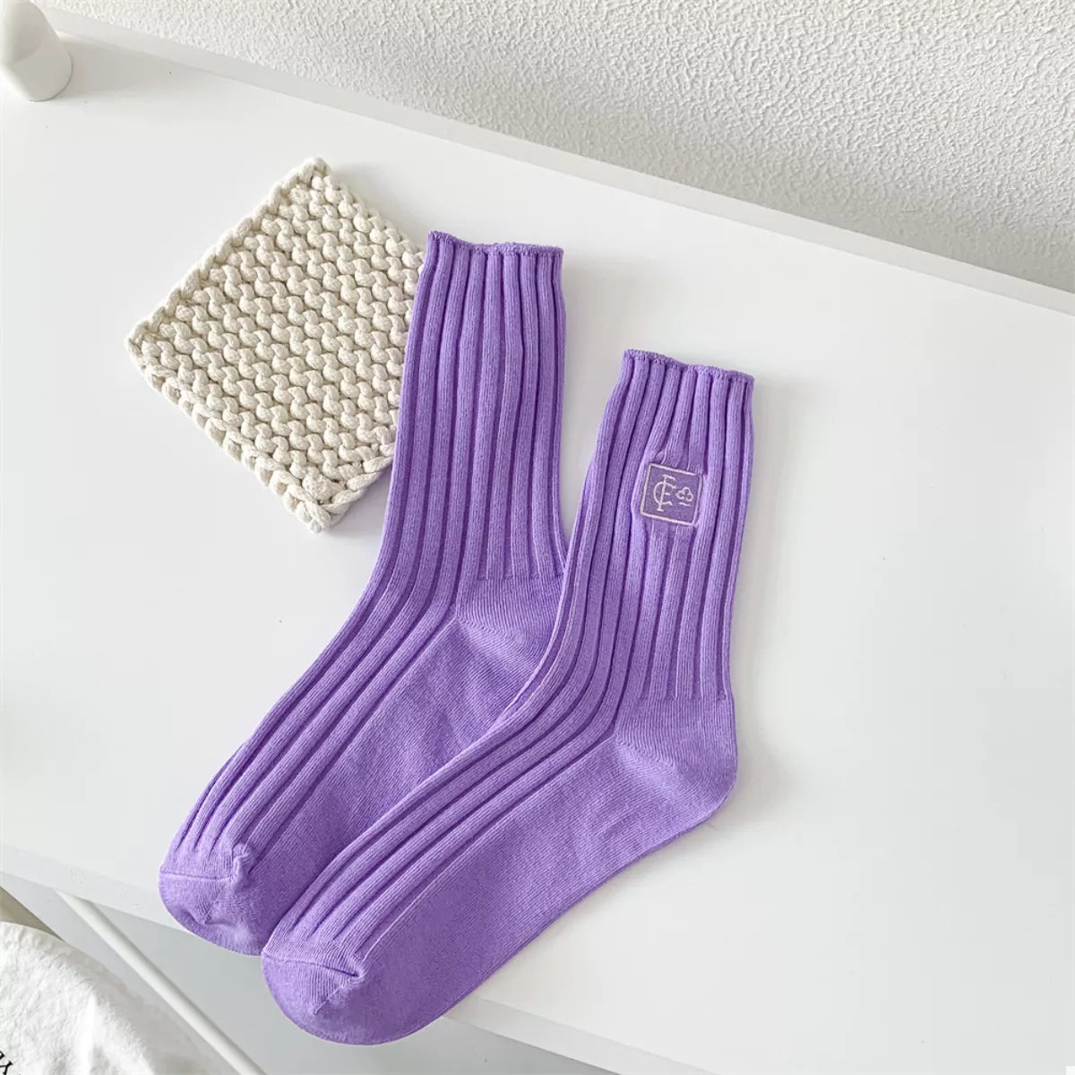 Breathable Ribbed Knit Crew Socks Purple One Size 51ec7254-13cd-4d89-9259-f5a5b93bd4b9-Max-Origin