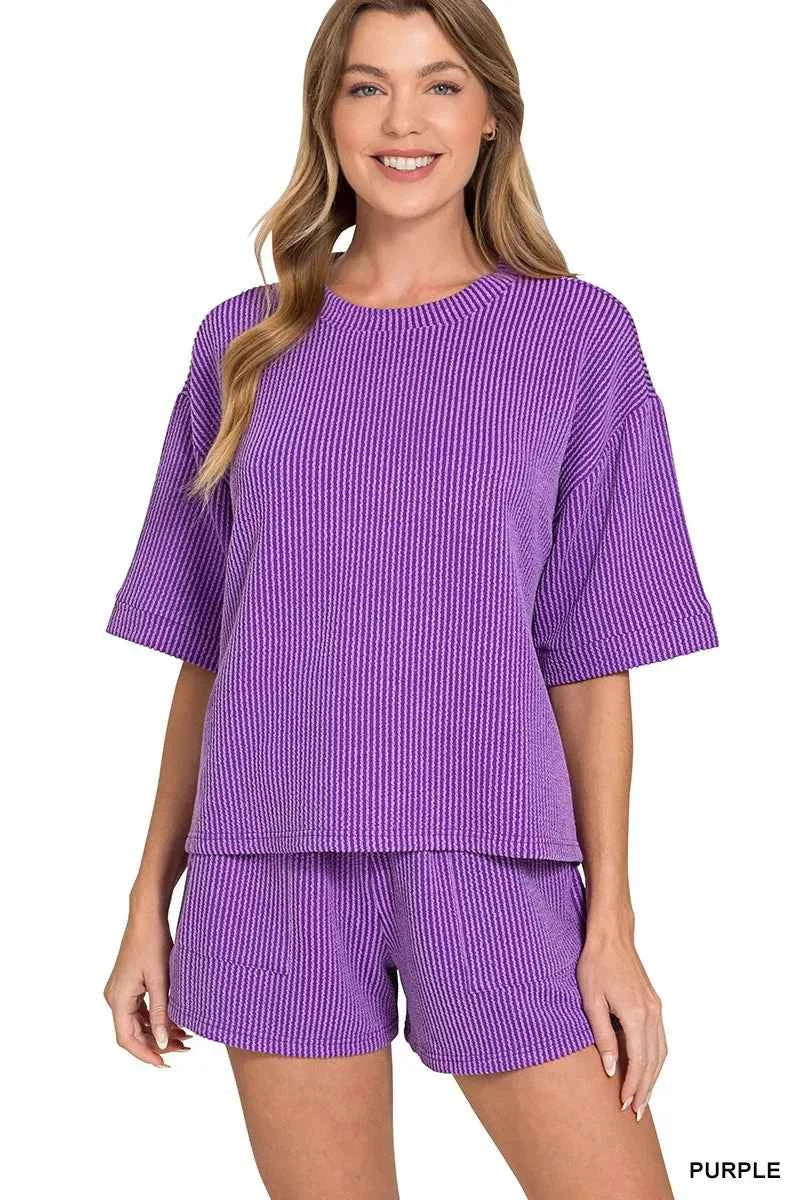 Zenana Raised Rib Short Sleeve Tee and Drawstring Shorts Set PURPLE 51f0041dccad4836a4625ab42b06be52-Max-Origin