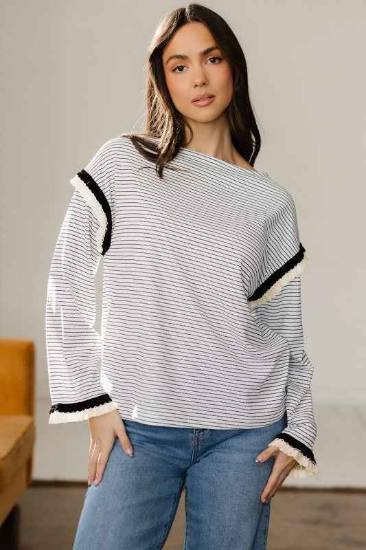 Stripe Contrast Ruffle Trim Long Sleeve Top White Stripe 51f426e1-e1b1-4d78-ad97-4d0578c18589