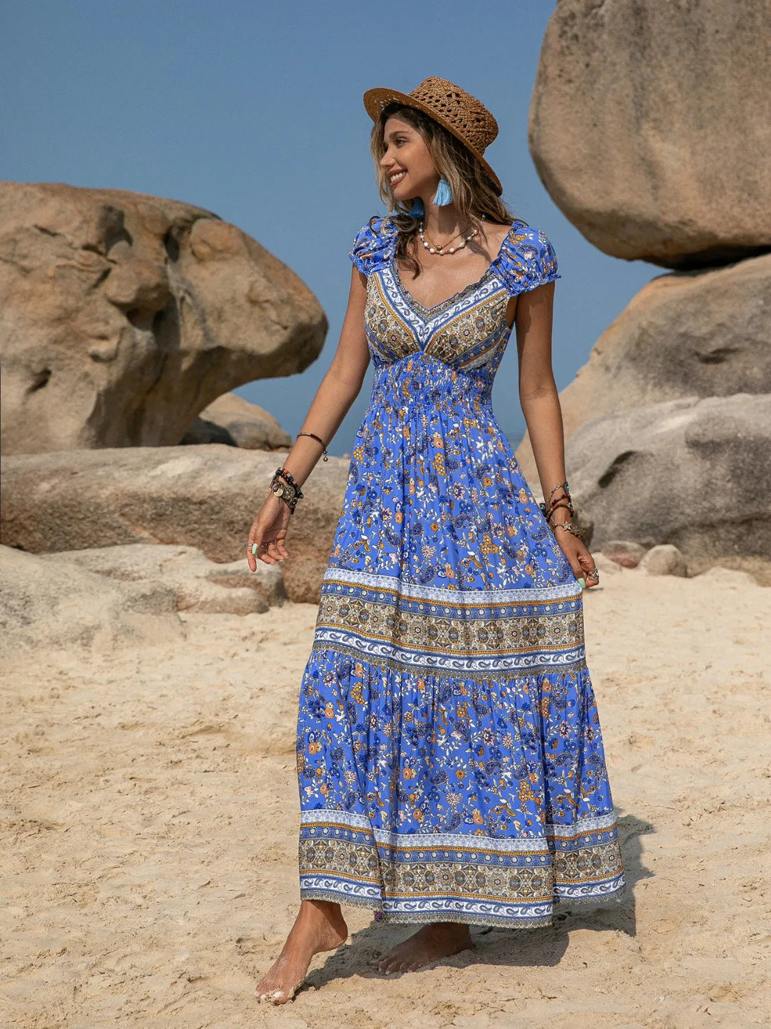 Printed V-Neck Cap Sleeve Midi Dress 51f59c2d-48c6-4485-a742-2a35478b15e3-Max-Origin