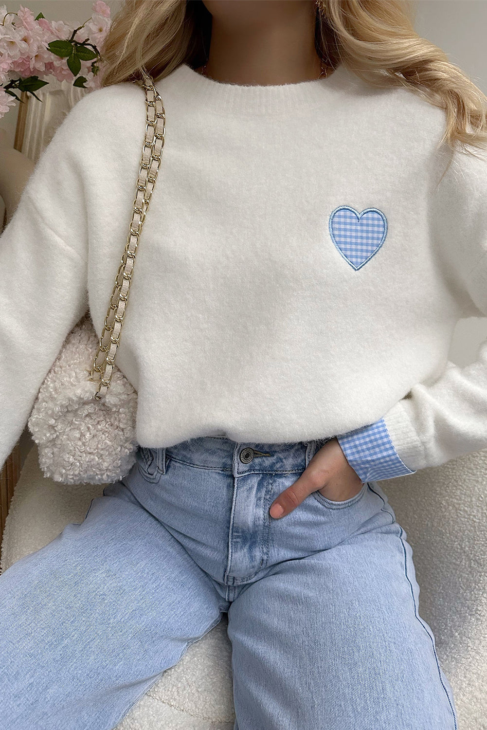 White Plaid Heart Embroidered Cuffed Drop Shoulder Crew Neck Sweater White 50%Acrylic+27%Polyester+23%Polyamide 51f617838f84e8f2