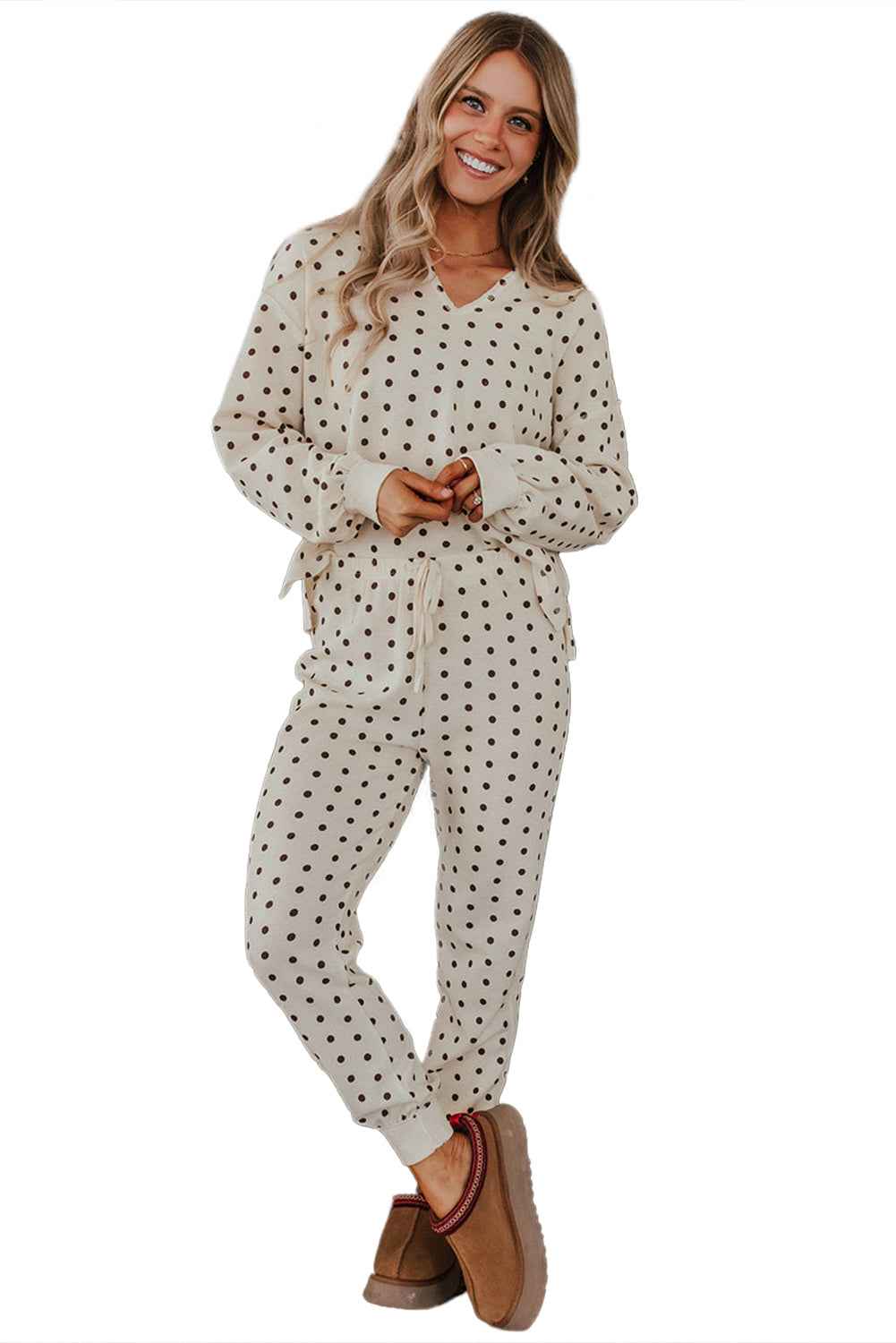 White Polka Dot Print Pullover Drawstring Jogger Pants Pajama Set White 100%Polyester 51fe7bc2516fd60b
