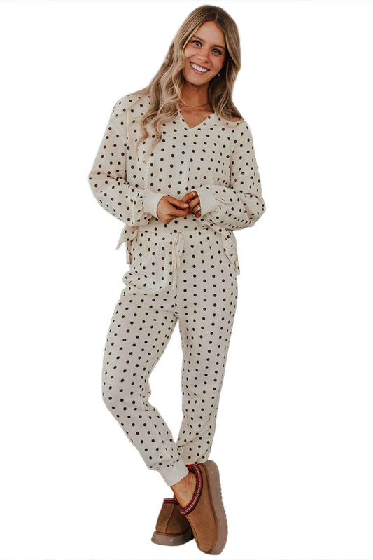 White Polka Dot Print Pullover Drawstring Jogger Pants Pajama Set White 100%Polyester 51fe7bc2516fd60b