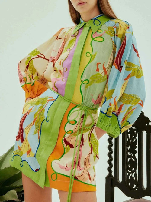 Abstract Print Tie Front Mini Shirt Dress with Pockets Lime 51ffcc50-32a6-4c2f-81c7-62ad045ec89a-Max-Origin
