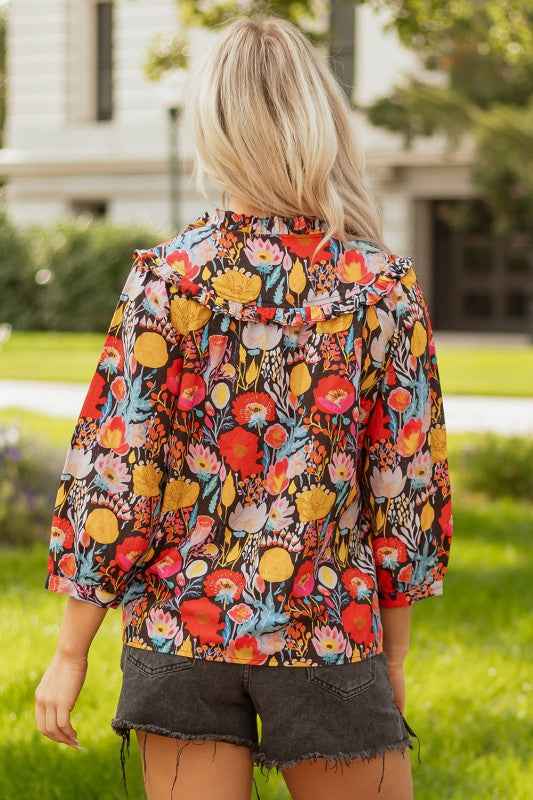 Floral 3/4 Puff Sleeve Tied Neck Blouse 5200b1d3-33b4-432a-a832-1cadb879d148