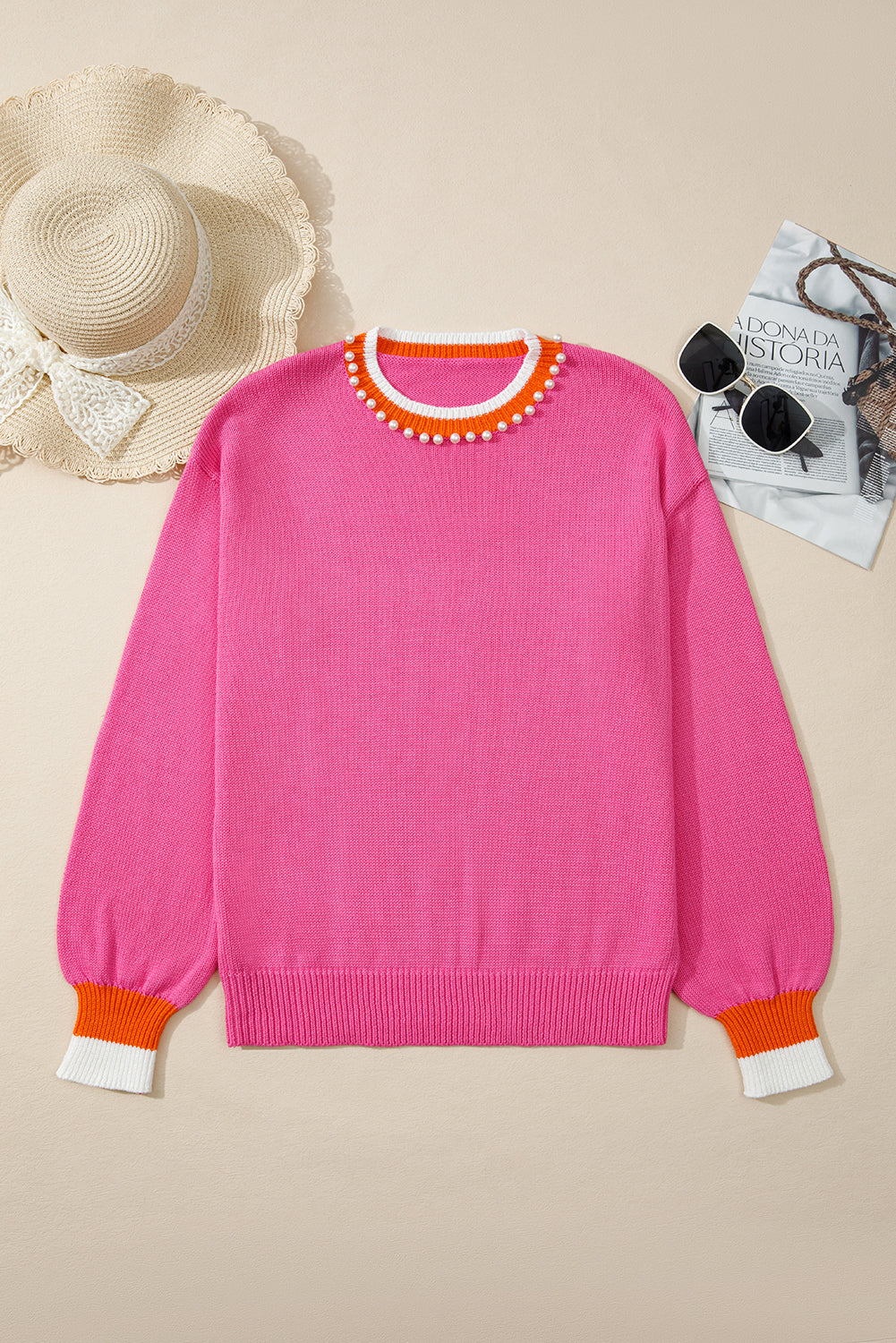 Sachet Pink Contrast Collar Pearl Decor Sweater 52015c7f2fbaea3a