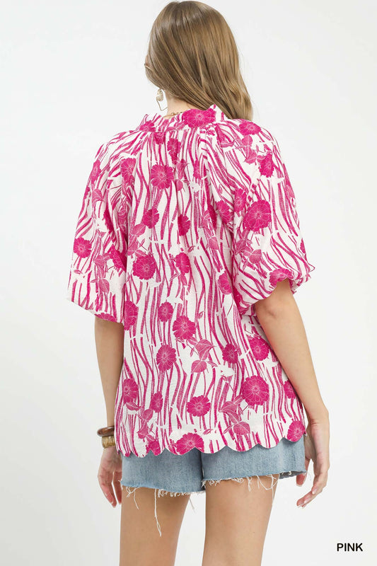 Floral Scalloped Edge Puff Sleeve Blouse with High-Low Curved Hem 5204a2bb-afd4-478b-93f3-670bfd90d399-Max