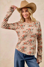 BiBi Floral Print Washed Waffle Thermal Top with Thumb 5205f8d176904d058ff26449966dfa4e-Max-Origin
