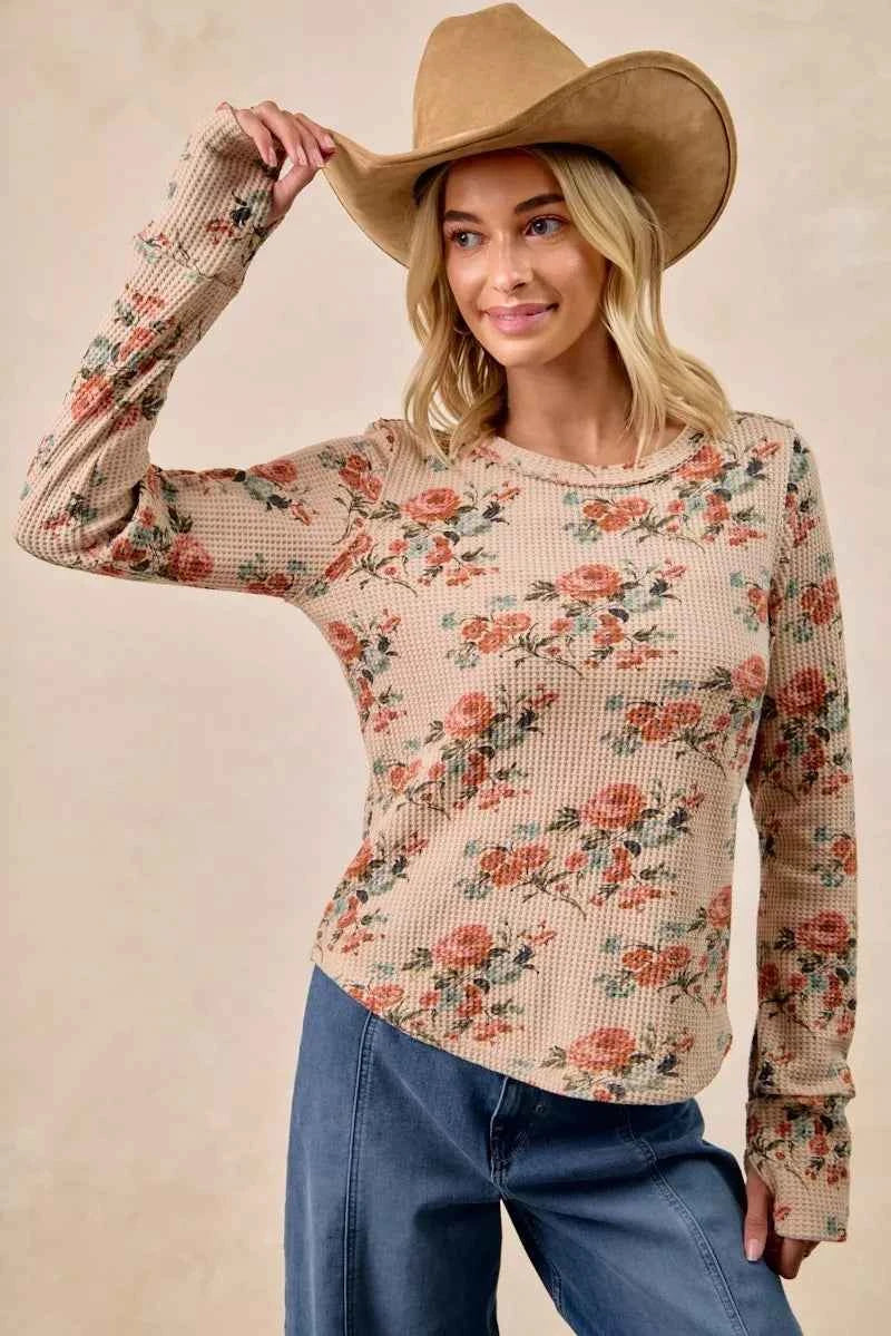 Floral Print Washed Waffle Thermal Top with Thumb 5205f8d176904d058ff26449966dfa4e-Max-Origin